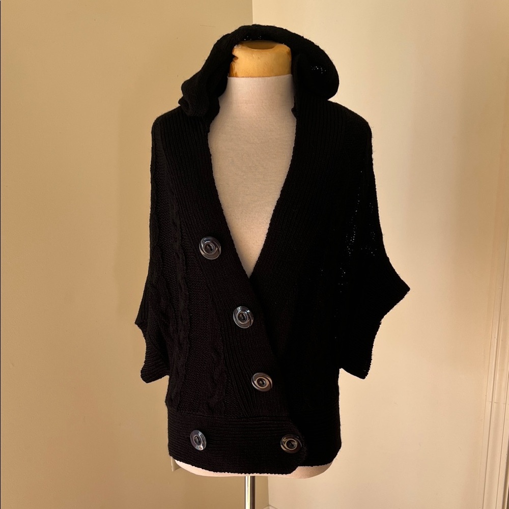 Dolce Cabo medium black cable knit cardigan with hood.